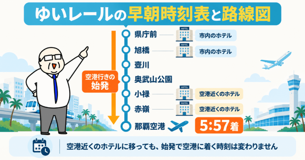 ゆいレールの早朝時刻表と路線図をまとめた図解。那覇空港駅に5:57着の始発ルートを紹介